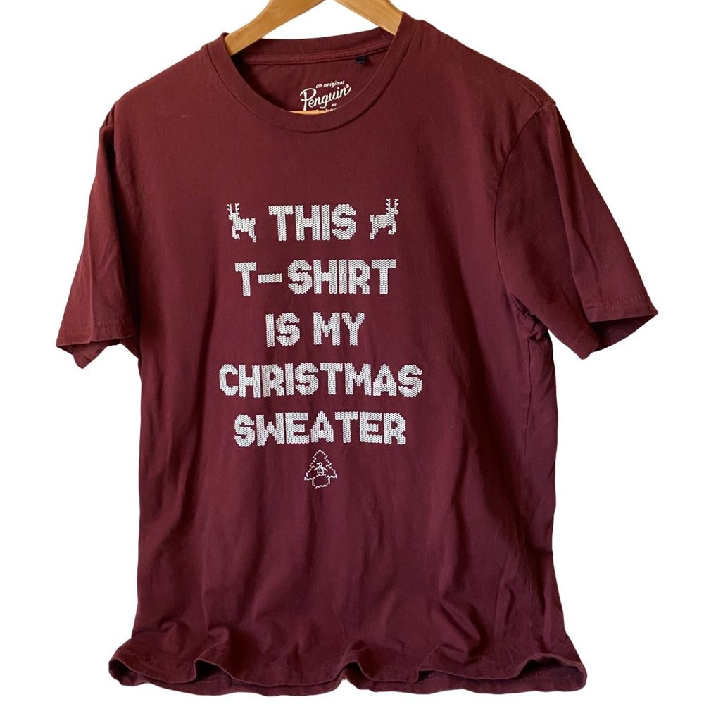 Penguin Ugly Christmas crewneck red t-shirt short‎ sleeve men size L
